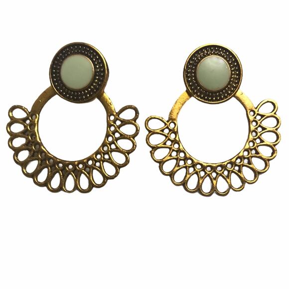 Filigree Hoop Stud Earrings Gold Green - Picture 6 of 7